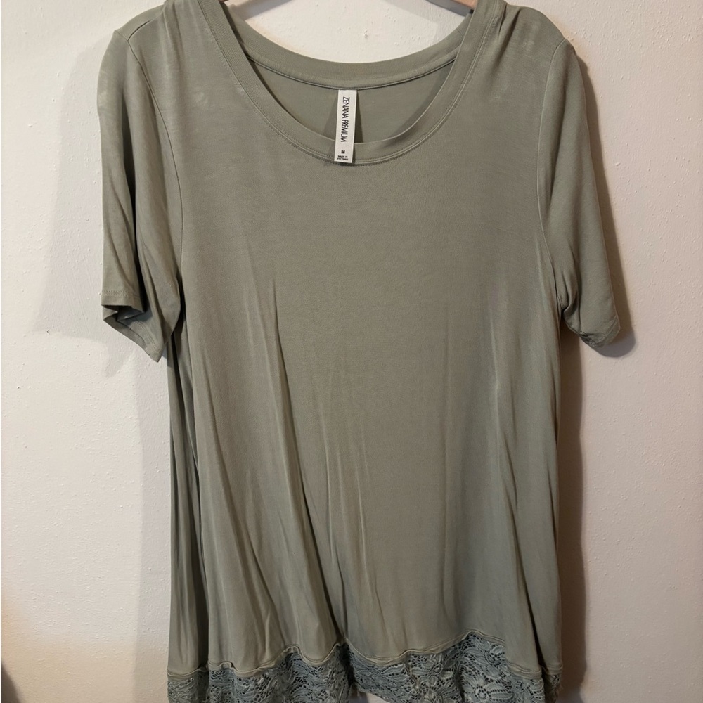 Zenana Outfitters Short Sleeve Top with Lace Hem - Sage